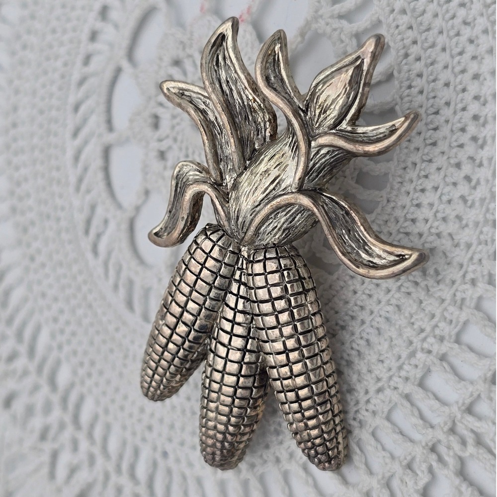 Vintage JCW Corn on the Cob Brooch Silver Tone Triple Pendant